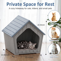 MINDYES Cat House Weatherproof Shelter for Feral Cats & Kittens, Resin Faux Wooden for Indoor & Outdoor, Blue