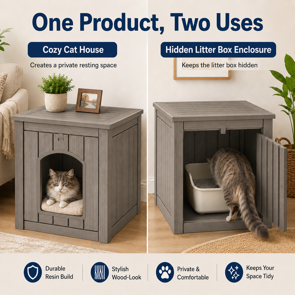MINDYES Outdoor Cat House, Weatherproof 35Gal Pet Shelter for All Small Pets, Light Brown