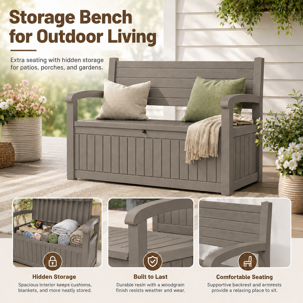 MINDYES Storage Bench and Deck Box Organization Storage Combi, 82 Gallon Outdoor Seating for Patios and Lawns, Light Brown