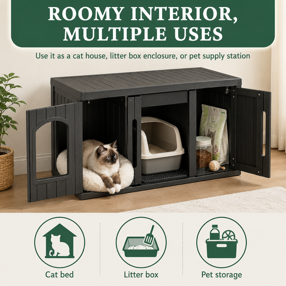 MINDYES Hidden Multifunctional Cat Litter Box Enclosure Furniture with Divider for Living Room Bedroom Hallway, Black