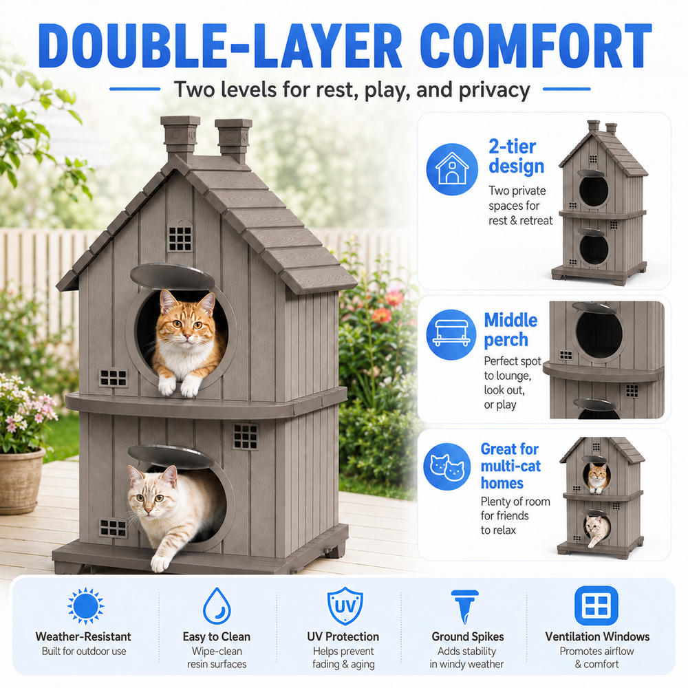 MINDYES Double-Layer Cat House for Home, Cat Shelter with entilation Windows for Indoor & Outdoor,  Light Brown