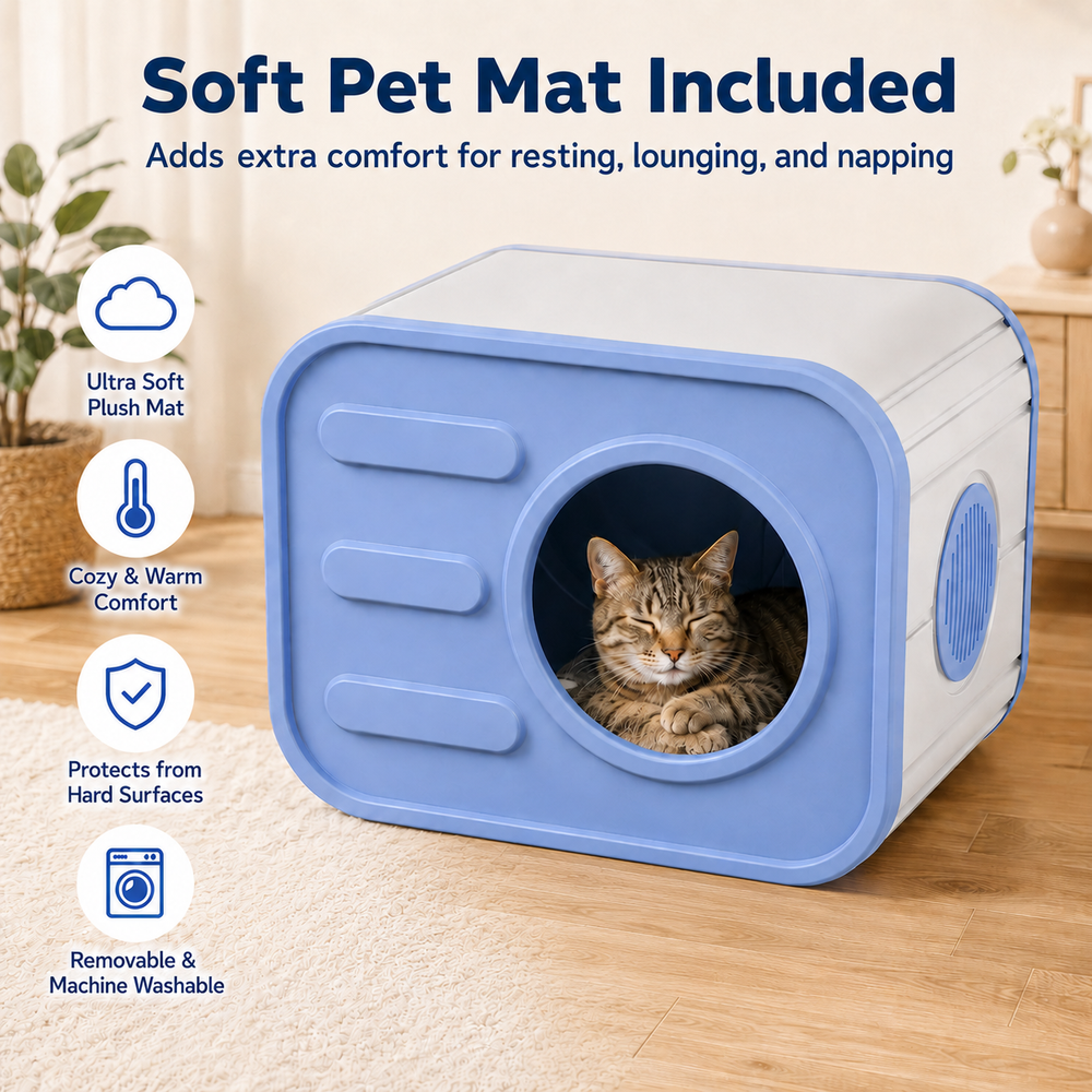 MINDYES Indoor Cat Bed with Cushion, Camera-Shaped Cat House for Cats Kittens & Puppies, Blue