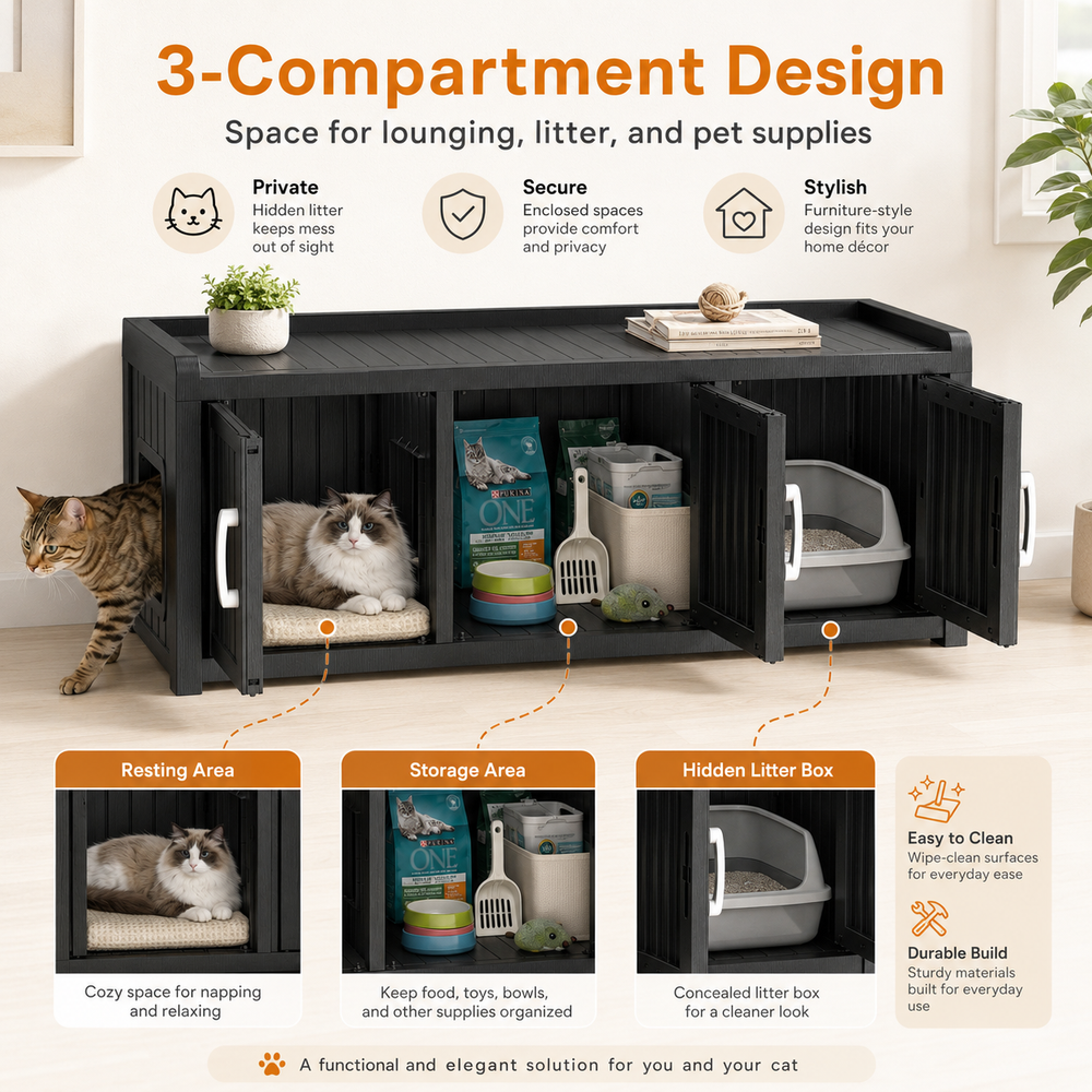 MINDYES 3-Cabin Hidden Cat Litter Box Enclosure Furniture for Bedroom Hallway, Black