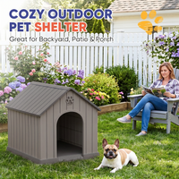 MINDYES Medium Small Dog House, Resin Faux Wood Dog Shelter for Outdoor & Indoor, Light Brown