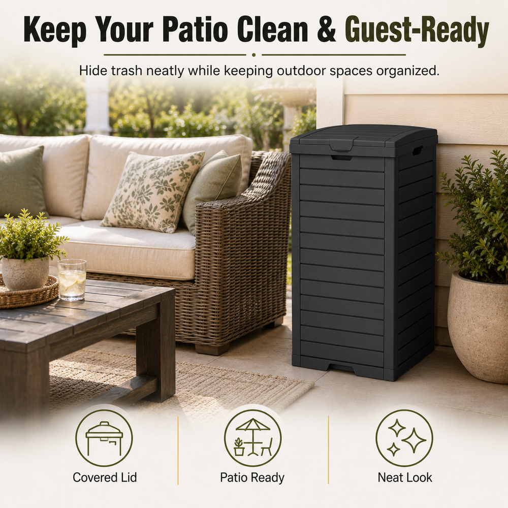MINDYES 31 Gallon Outdoor Trash Bin with Lid & Drip Tray, Large Hideaway Garbage Can for Porch & Backyard, Black