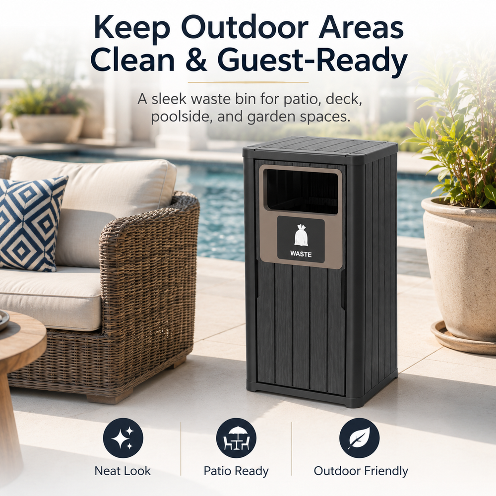 MINDYES 33 Gallon Outdoor Trash Bin with Garbage Labels, Home Garbage Can for Patio Porch & Backyard, Black