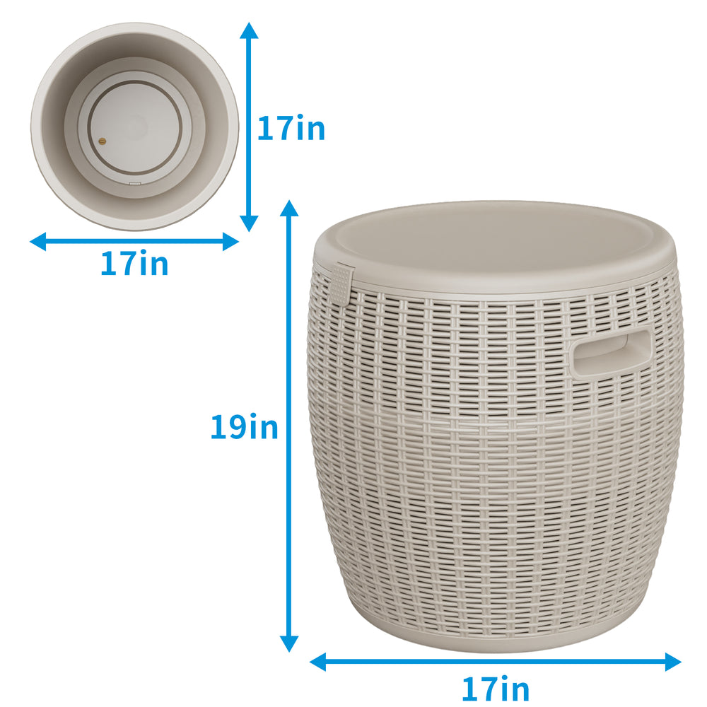 MINDYES 4-IN-1 Outdoor Patio Garden Furniture, Stool Storage Box Cool Bar Table Side Table with 10 Gallon Ice Bucket, Beige