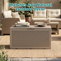 MINDYES 120 Gallon Resin Deck Box, Wicker Outdoor Storage Box for Garden Tools & Patio Cushions, Beige
