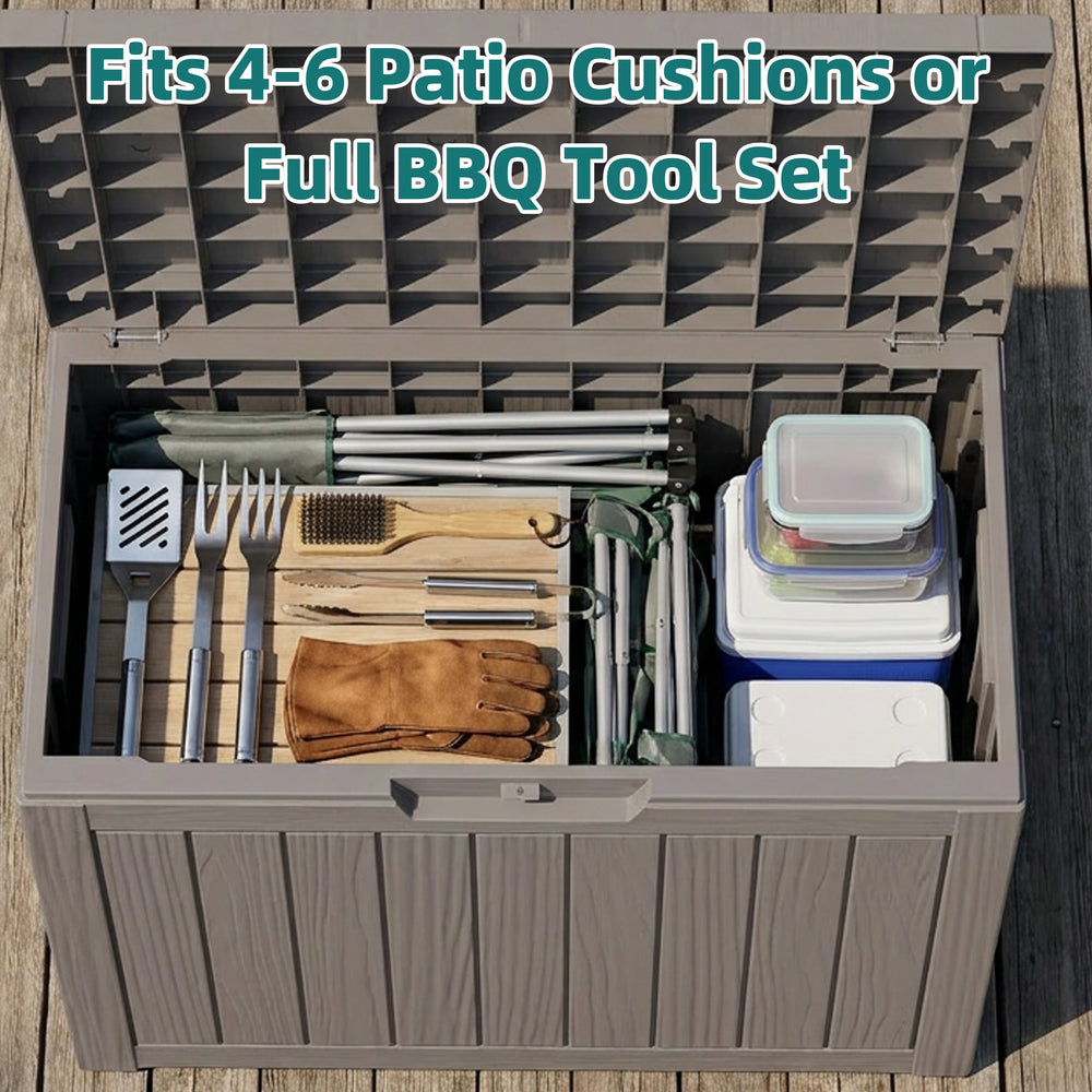 MINDYES 50 Gallon Deck Box, Resin Outdoor Storage Box with Hundles, UV Resistant Waterproof Storage Bin for Patio Cushions Gardening Tools, Beige