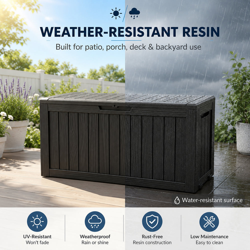 MINDYES 90 Gallon Deck Box, Outdoor Resin Storage Box with Gas Strut for Garden Patio Backyard, Black