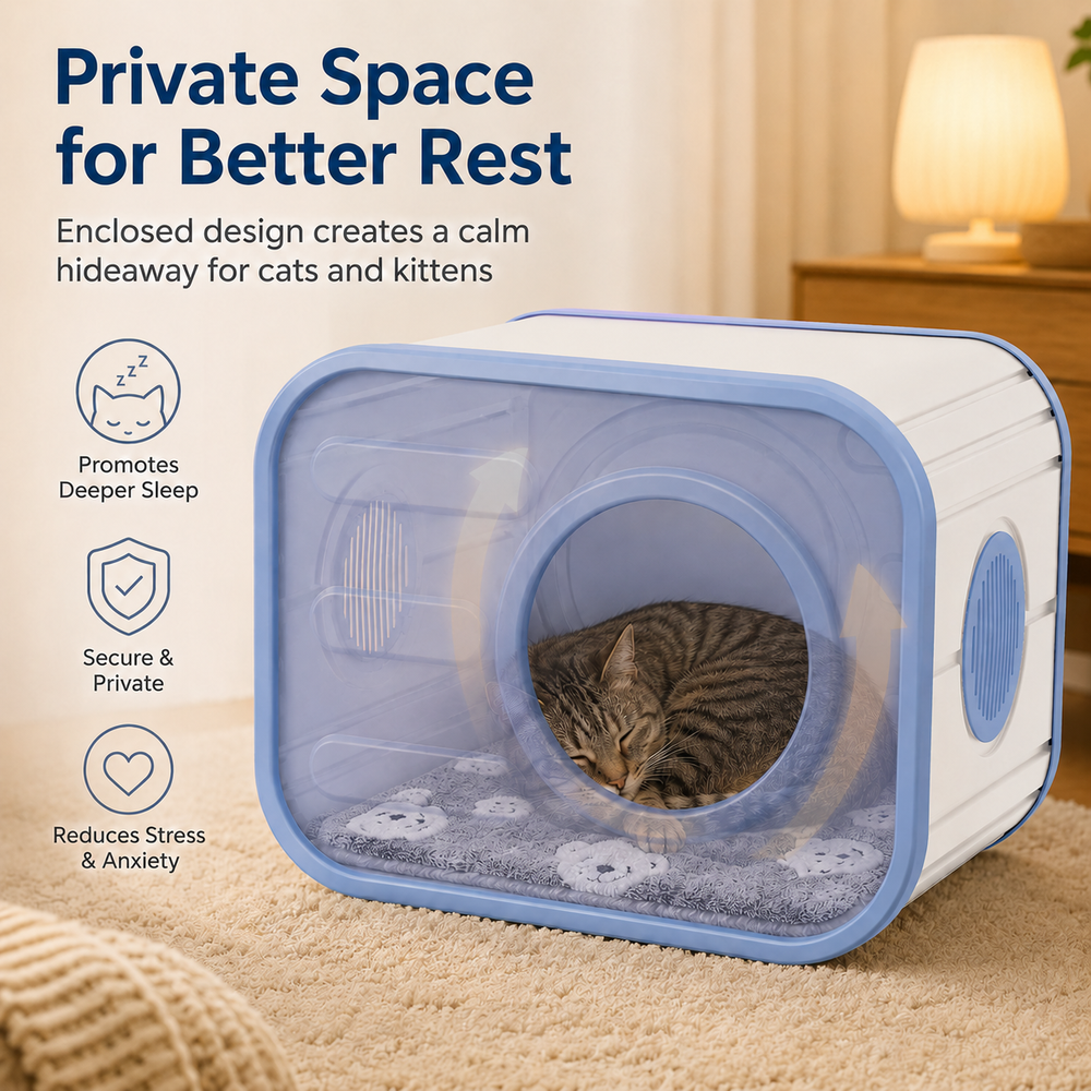 MINDYES Indoor Cat Bed with Cushion, Camera-Shaped Cat House for Cats Kittens & Puppies, Blue