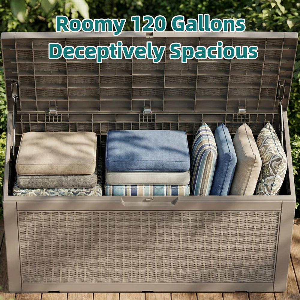 MINDYES 120 Gallon Resin Deck Box, Wicker Outdoor Storage Box for Garden Tools & Patio Cushions, Beige