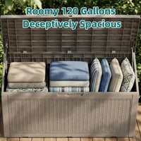 MINDYES 120 Gallon Resin Deck Box, Wicker Outdoor Storage Box for Garden Tools & Patio Cushions, Beige