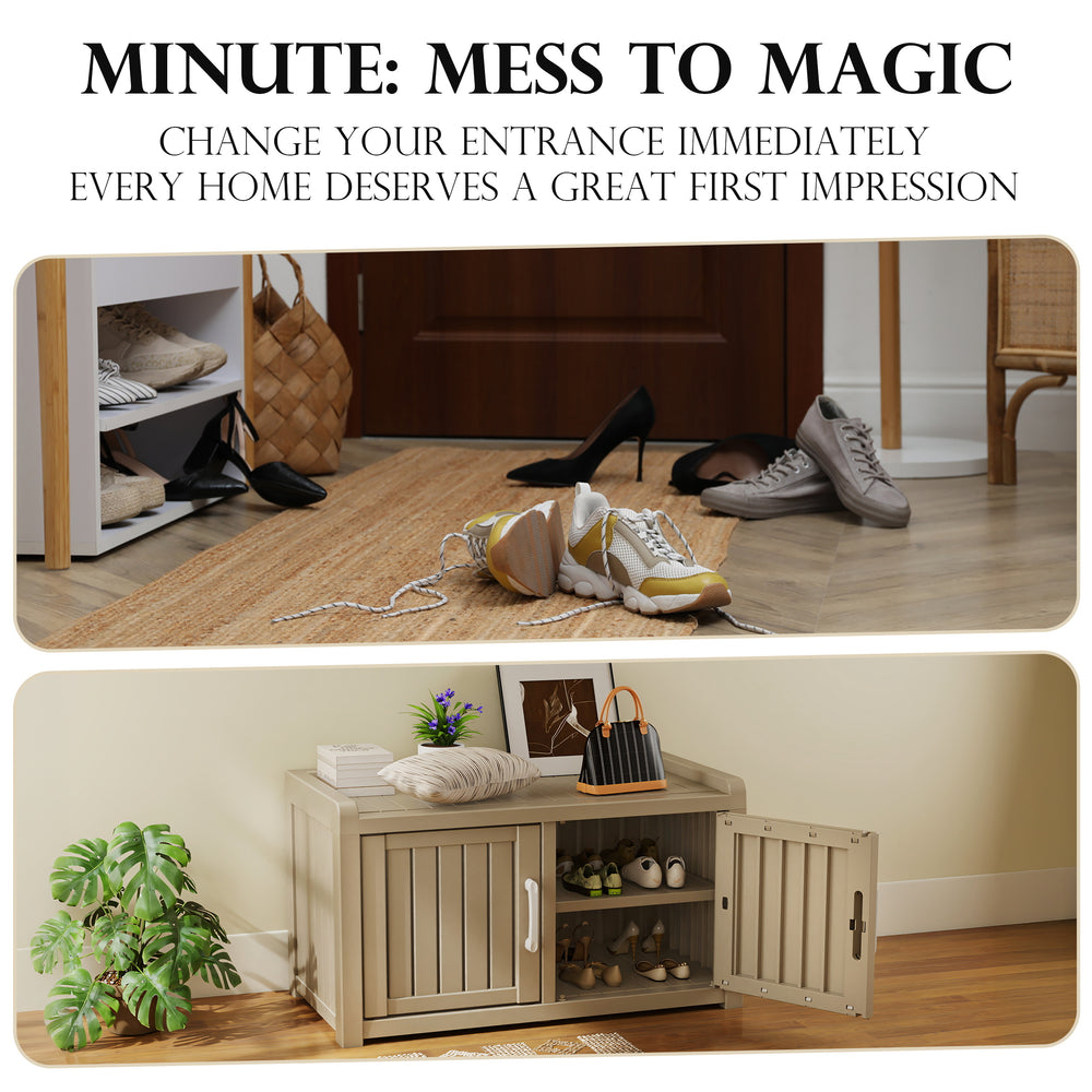 Shoe Storage Bench Entryway Bench with Adjustable Shelves and 2 Doors for Hallway, Living Room, Bedroom