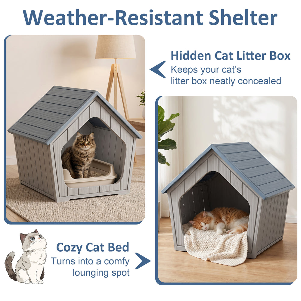 MINDYES Cat House Weatherproof Shelter for Feral Cats & Kittens, Resin Faux Wooden for Indoor & Outdoor, Blue