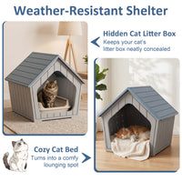 MINDYES Cat House Weatherproof Shelter for Feral Cats & Kittens, Resin Faux Wooden for Indoor & Outdoor, Blue