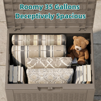 MINDYES 35 Gallon Deck Box, Wicker Outdoor Storage for Patio Cushions, Pool Toys & Garden Tools, Beige