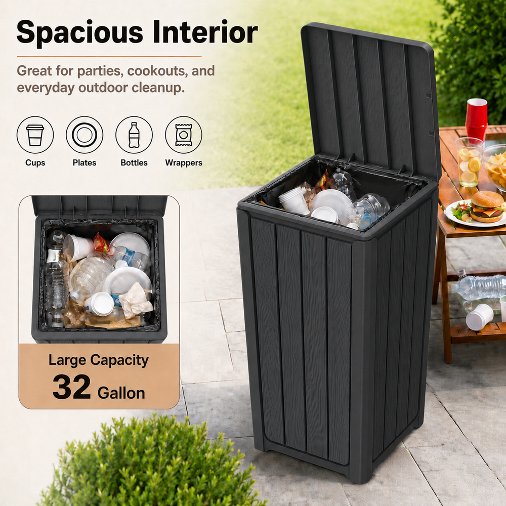 MINDYES 32 Gallon Outdoor Trash Bin with Lid, Waterproof Resin Garbage Can for Patio, Porch & Backyard, Black