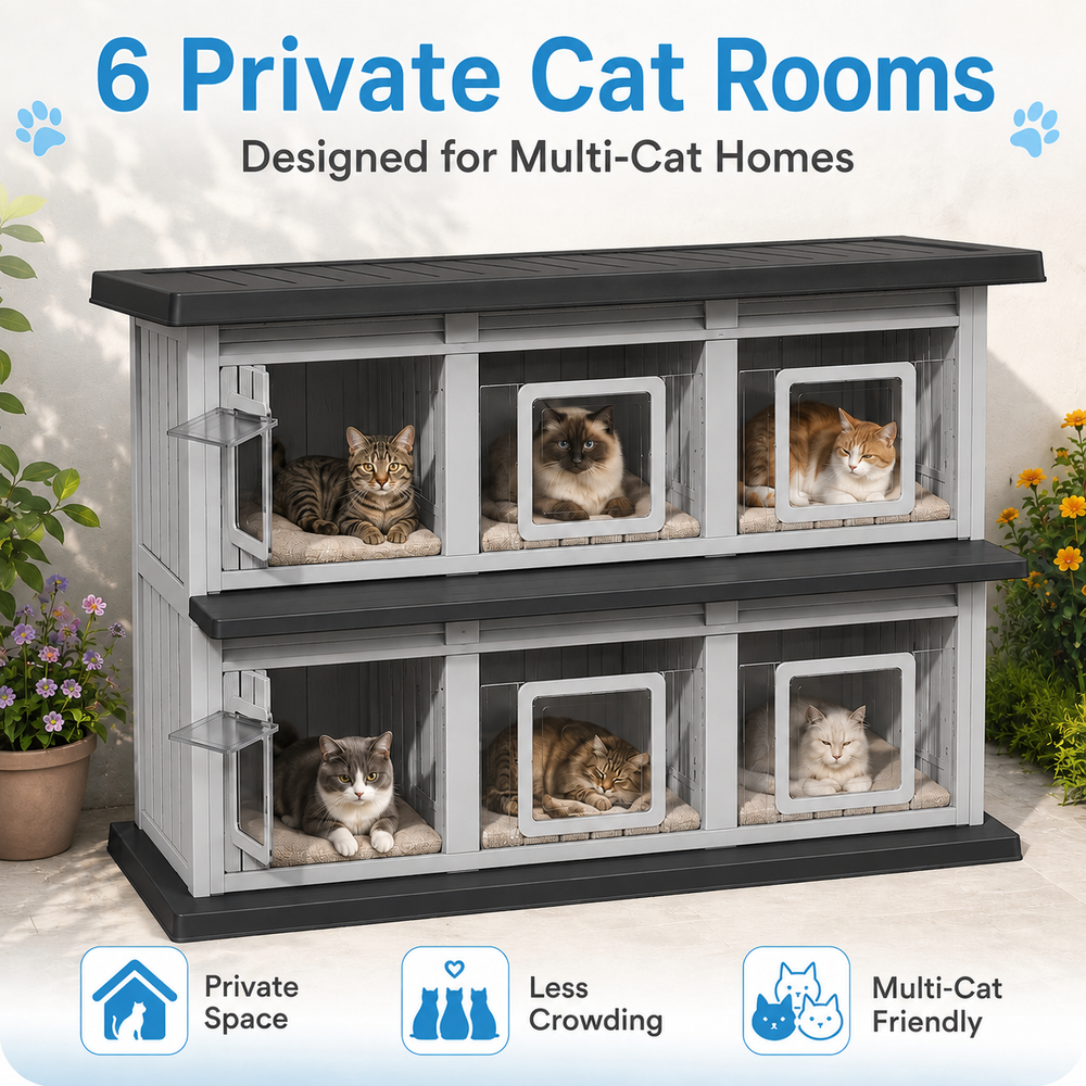 MINDYES Double-Layer Outdoor Cat House, Weatherproof Roof & Thickened Eaves for Feral Cats & Cattery, Black