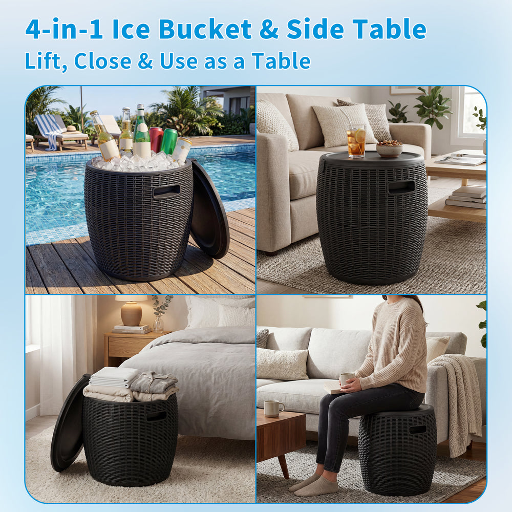 MINDYES Outdoor Patio Furniture and Cool Bar Table Cocktail Side Table with 10 Gallon Ice Cooler Bucket Cooler, Black