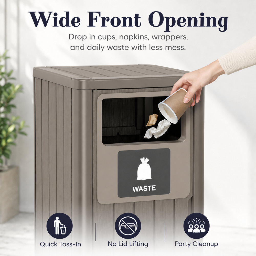MINDYES Outdoor Trash Can with Garbage Labels, 33 Gallon Waste Container for Porch Backyard, Light Brown