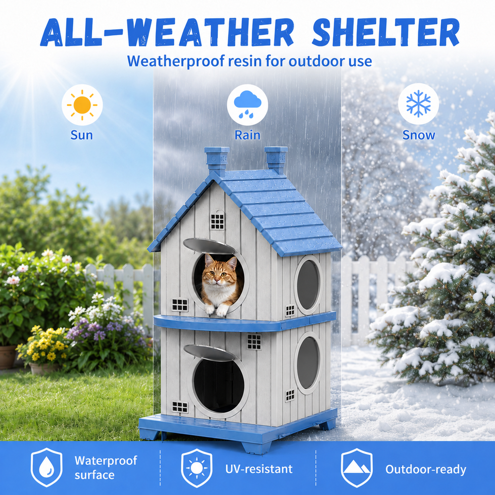 MINDYES Double-Layer Outdoor Cat House with Ventilation Windows, Weatherproof Pet Shelter for Garden & Patio, Blue