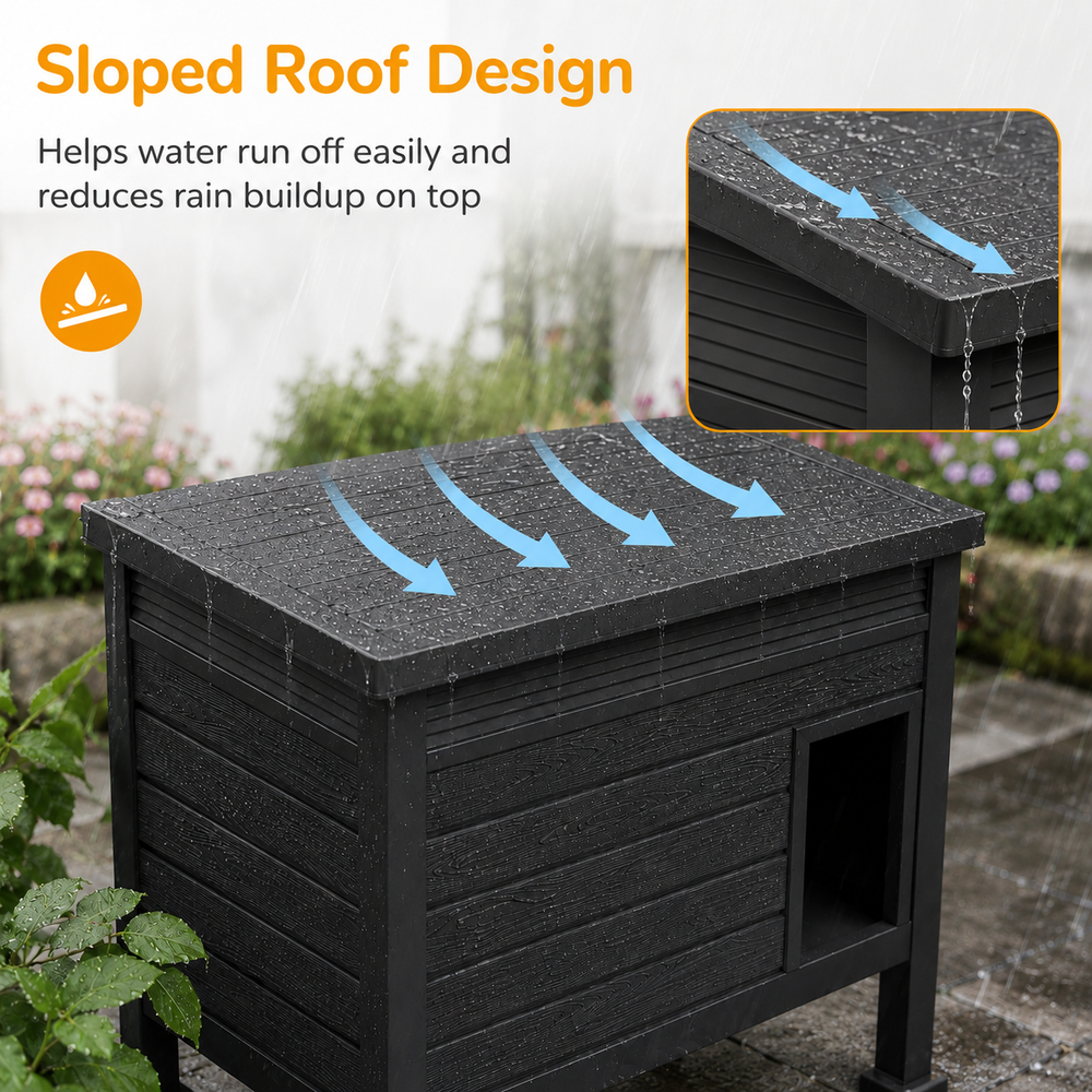 MINDYES Outdoor Cat House with Stent & Weatherproof Roof for Feral Cats & Kittens, Black