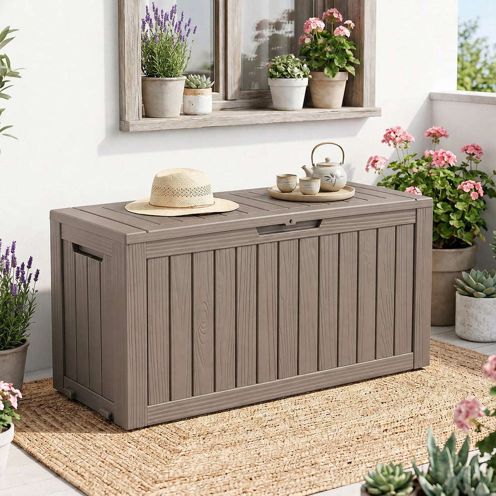 MINDYES 90 Gallon Outdoor Deck Box, Patio Storage Box with Gas Strut for Cushions, Holiday Decor & Garden Tools, Beige