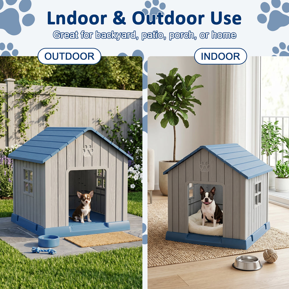 MINDYES Outdoor Dog House with Weatherproof Asphalt Roof & Window, Blue