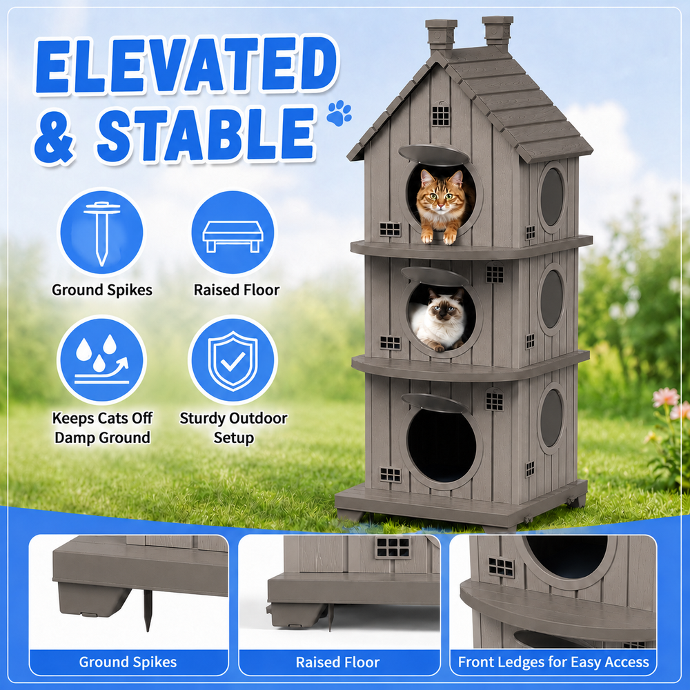 MINDYES Cat House, Weatherproof Outdoor Three-Tier Cat Bed for Garden & Patio, Light Brown