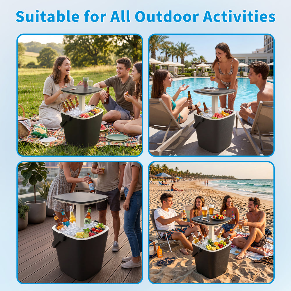 MINDYES Resin Ice Bucket with Lid, Outdoor Beverage Cooler with Side Table for Pool Patio Garden, Black