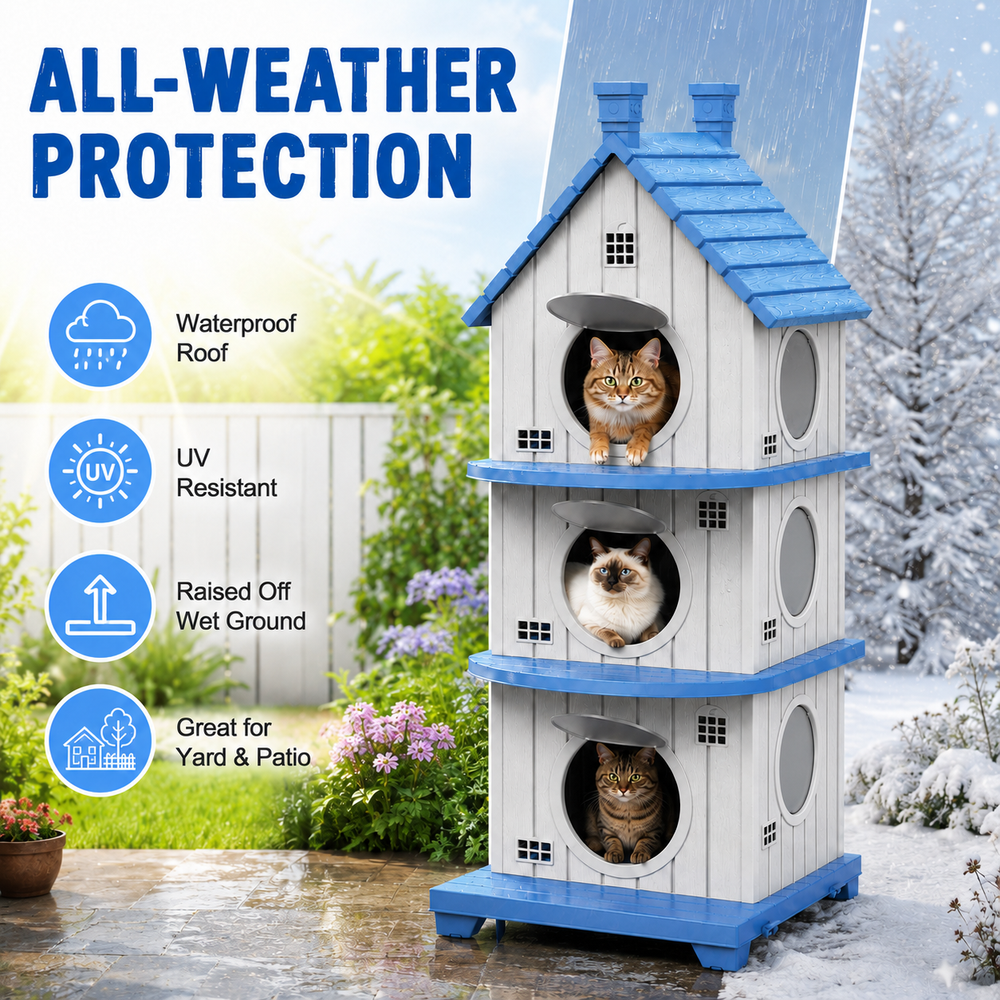 MINDYES Outdoor Three-Tier Cat Bed, Weatherproof Cat House Pet Shelter for Garden & Patio, Blue