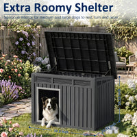 MINDYES Classic Dog House Outdoor Faux Wooden Shelter with Weatherproof Roof Removable Floors for Medium Small Dogs, Black