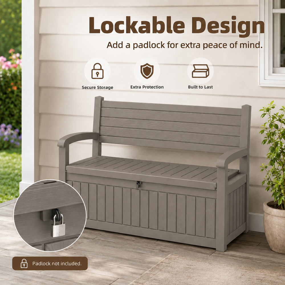 MINDYES Storage Bench and Deck Box Organization Storage Combi, 82 Gallon Outdoor Seating for Patios and Lawns, Light Brown