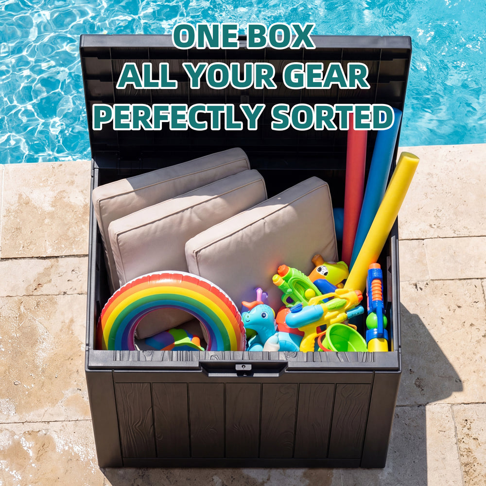 MINDYES 33 Gallon Deck Box, Lockable Patio Outdoor Storage Box for Furniture, Garden Tools and Tools Storage,Black
