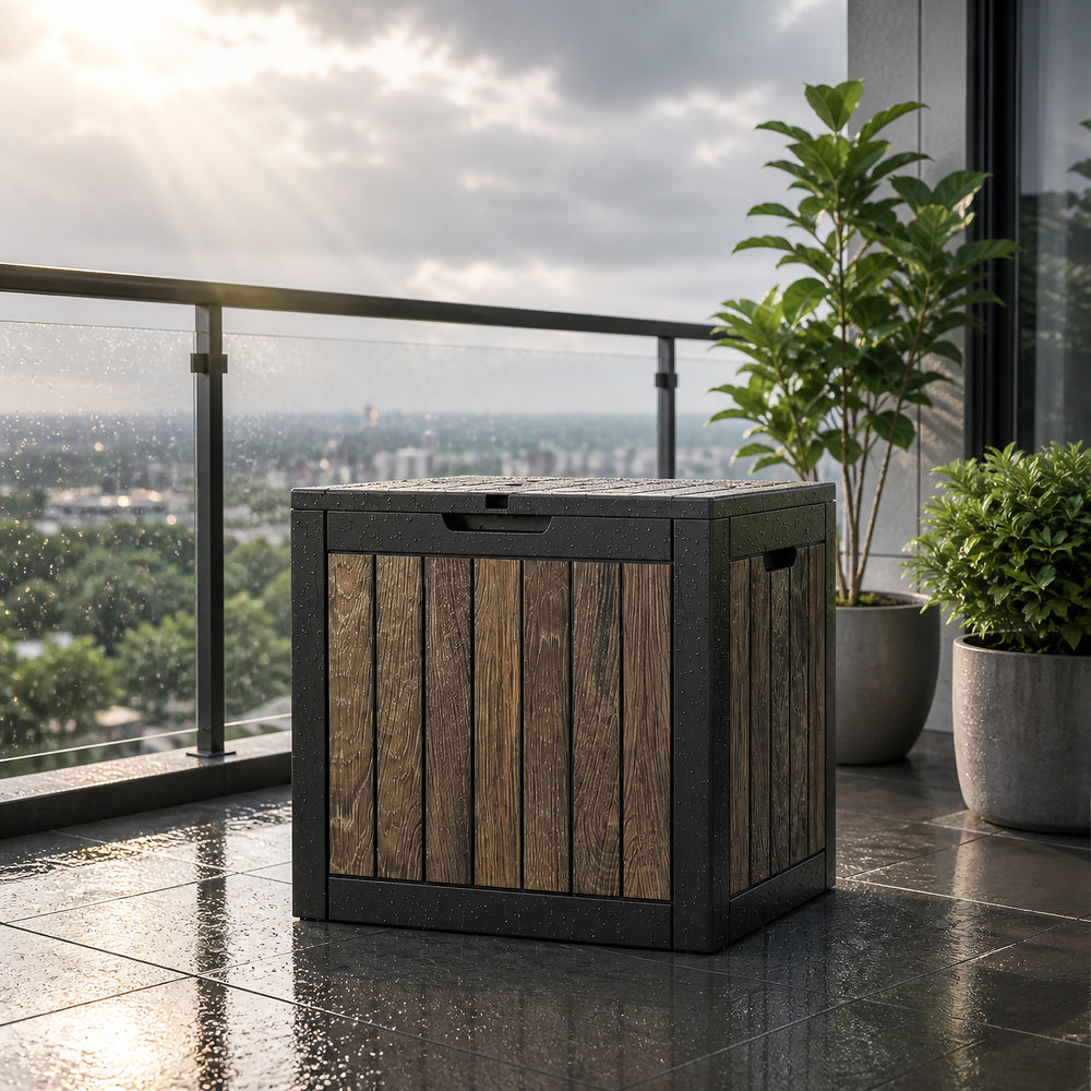 MINDYES 35 Gallon Deck Box, Cherry Wood Resin Outdoor Storage Box for Patio Gaden & Porch