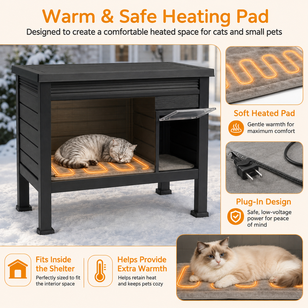 MINDYES Outdoor Cat House with Heating Pad, Pet Shelter with Weatherproof Roof & Stent, Black
