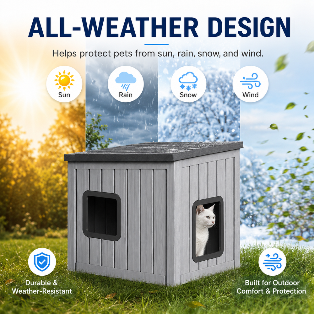 MINDYES Outdoor Cat House, Weatherproof Roof Removable Lids & Ventilation window for Cats Kittens & Puppies, Gray