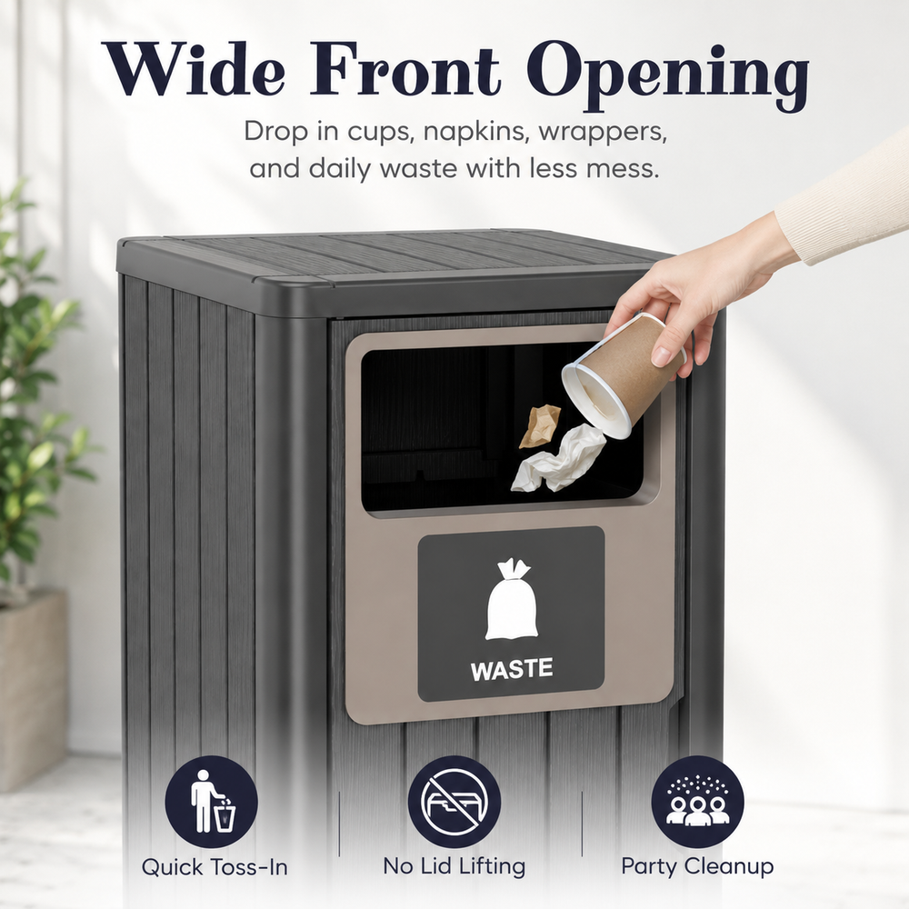 MINDYES 33 Gallon Outdoor Trash Bin with Garbage Labels, Home Garbage Can for Patio Porch & Backyard, Black