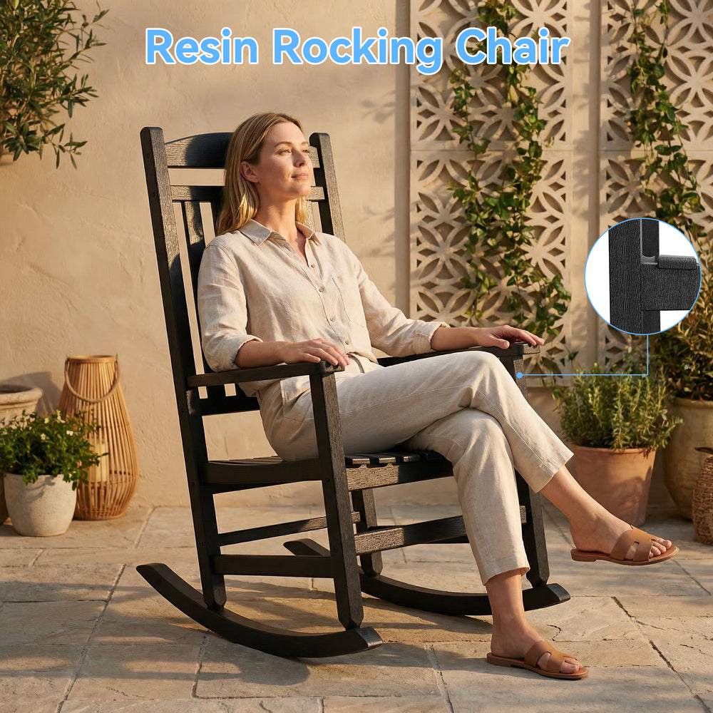 MINDYES Outdoor Rocking Chair, All-Weather Patio Rocker for Balcony Backyard Poolside, Black