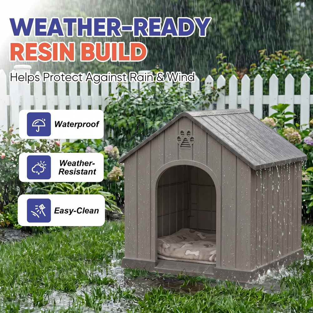 MINDYES Medium Small Dog House, Resin Faux Wood Dog Shelter for Outdoor & Indoor, Light Brown