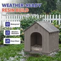 MINDYES Medium Small Dog House, Resin Faux Wood Dog Shelter for Outdoor & Indoor, Light Brown