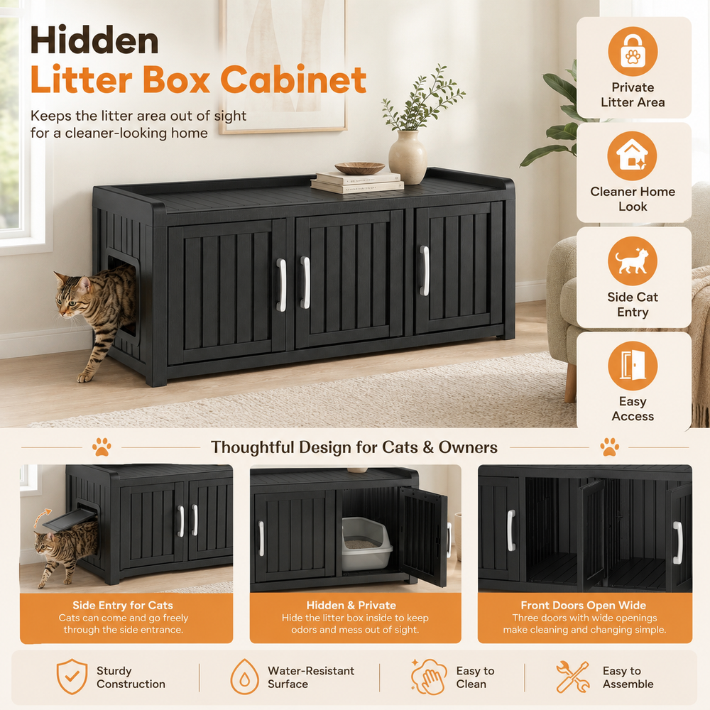 MINDYES 3-Cabin Hidden Cat Litter Box Enclosure Furniture for Bedroom Hallway, Black