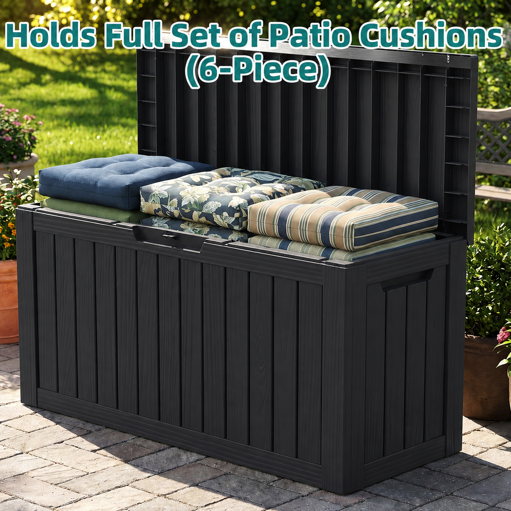 MINDYES 90 Gallon Deck Box, Large Capacity Outdoor Storage for Patio Furniture Cushions, Pool Floats & Party Supplies, Black