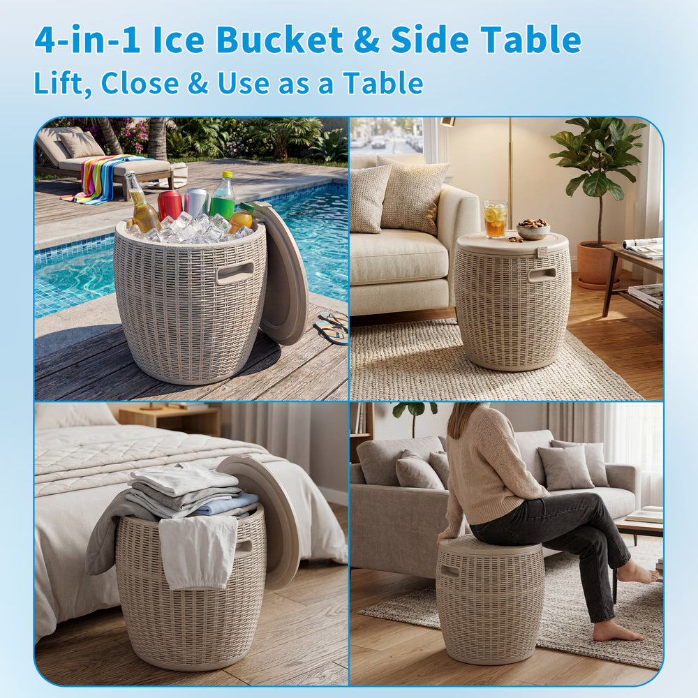 MINDYES 4-IN-1 Outdoor Patio Garden Furniture, Stool Storage Box Cool Bar Table Side Table with 10 Gallon Ice Bucket, Beige