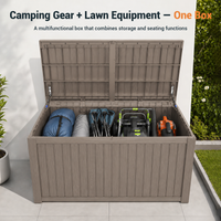 MINDYES 210 Gallon Resin Deck Box, 3-IN-1 Outdoor Storage Cabinet for Locker, Stool & Table, Beige