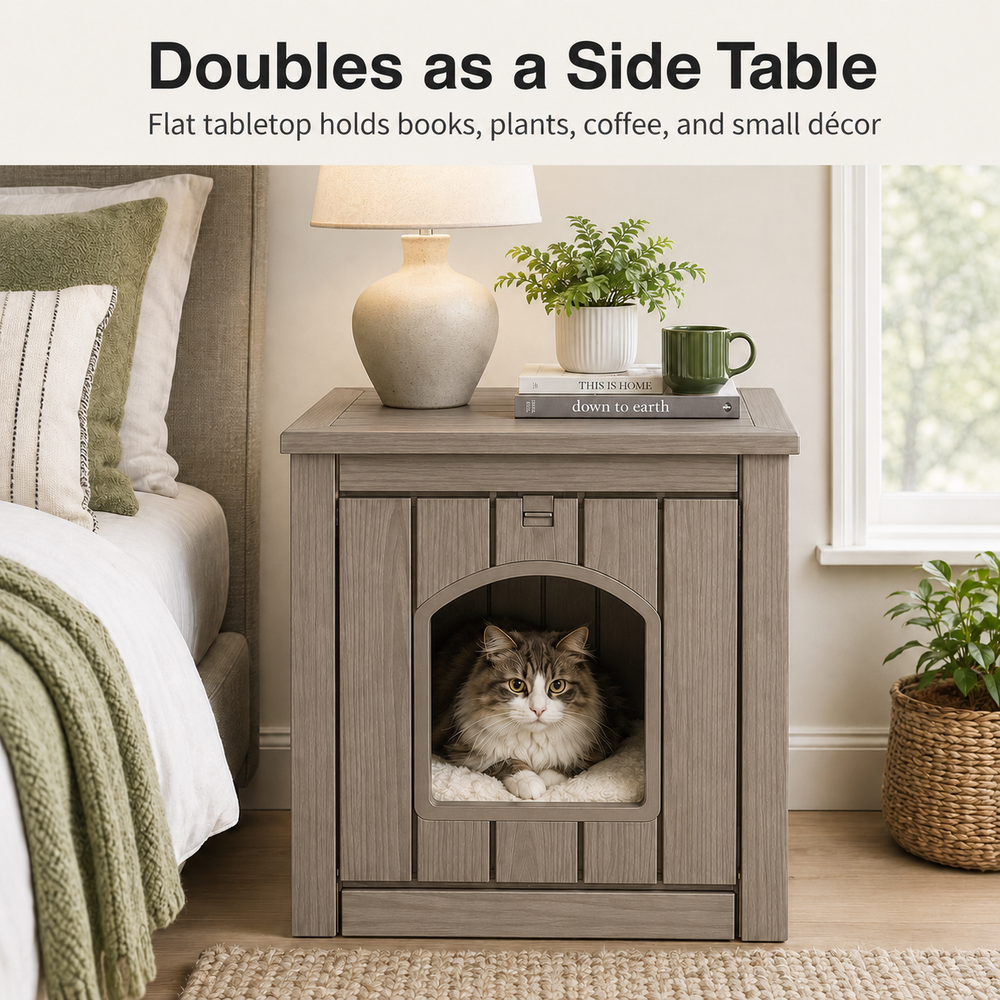 MINDYES Outdoor Cat House, Weatherproof 35Gal Pet Shelter for All Small Pets, Light Brown