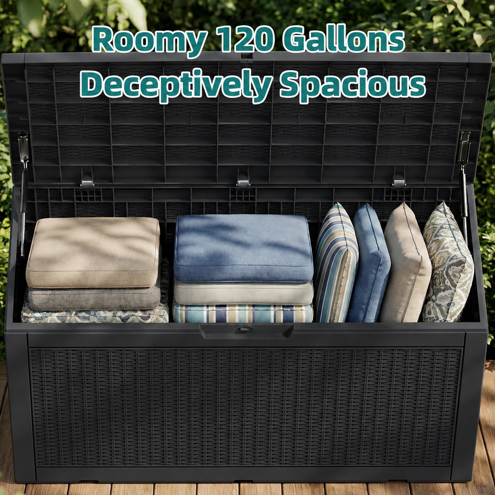 MINDYES 120 Gallon Wicker Deck Box, Outdoor Storage for Patio Cushions, Pool Floats & Garden Tools, Black