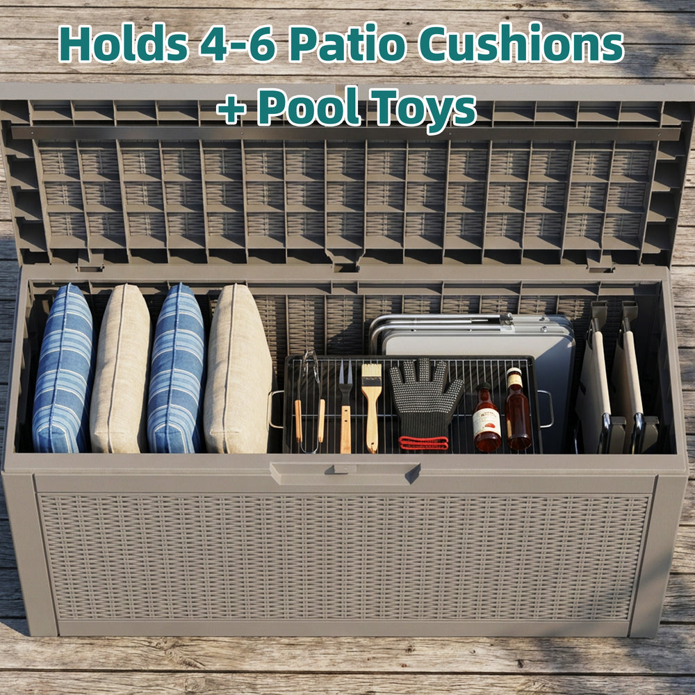 MINDYES 70 Gallon Resin Deck Box, Patio Cushions, Wicker Outdoor Storage Box Pool Toys & Garden Tools, Beige