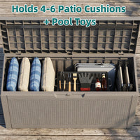 MINDYES 70 Gallon Resin Deck Box, Patio Cushions, Wicker Outdoor Storage Box Pool Toys & Garden Tools, Beige